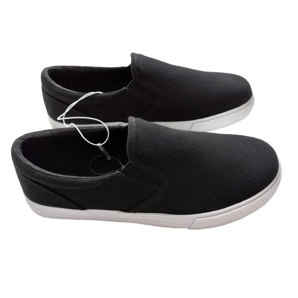 New Children's Pull-On Uniform Shoes size 4 black low top shoes with white trim